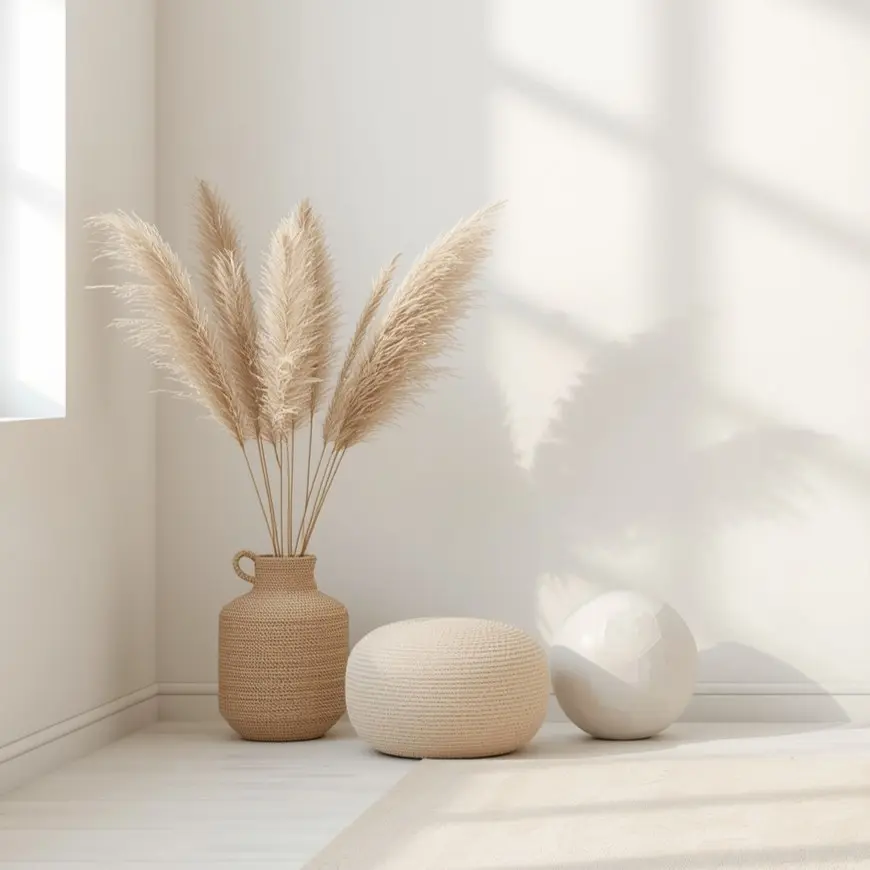 Minimalist vase with pampas grass, calm atmosphere